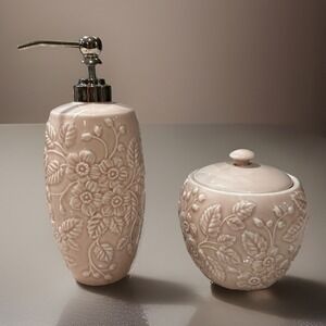 PINK FLORAL Porcelain FLORAL SOAP PUMP DISPENSER And Dish Set EUC Croquette
